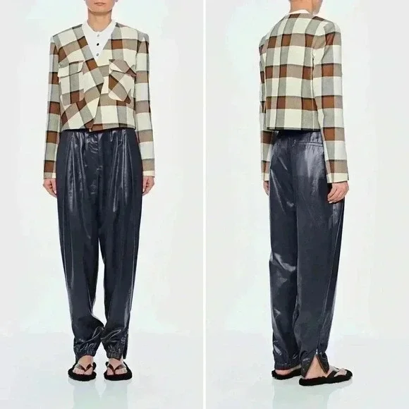 Tibi Dylan Plaid Cream Cropped Jacket Blazer in Ivory Camel Size 12 - Picture 10 of 16